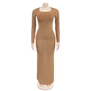 Detail of caramel slim-fit long maxi dress with sparkling silver rhinestones and square neck