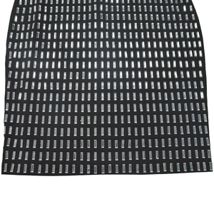 Detailed view of black dress fabric with sparkling square rhinestone embellishments