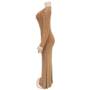 Detailed side view of camel long sleeve bodycon dress with silver crystal rhinestones