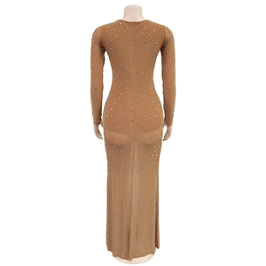 Detail of the back zipper and silver rhinestones on a sheer brown mesh long dress