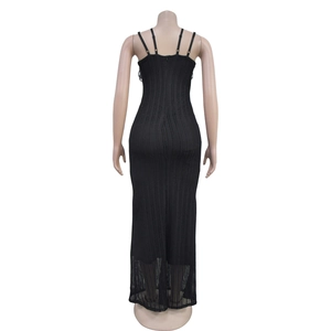 Close-up of back invisible zipper and knit texture on black sleeveless maxi dress