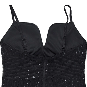 Detail of adjustable straps and sequin texture on a deep V-neck black dress