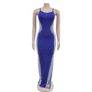 Detailed view of deep blue maxi dress featuring shimmering rhinestones and a V-neckline