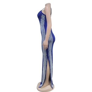 Detail of royal blue bodycon maxi dress featuring sparkling silver rhinestone grid patterns