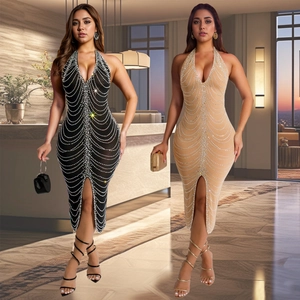 Women Sexy Halter V Neck Rhinestone Bodycon Dress Backless Slit Midi Long Dress For Party Evening Wedding Banquet Elegant Gown
