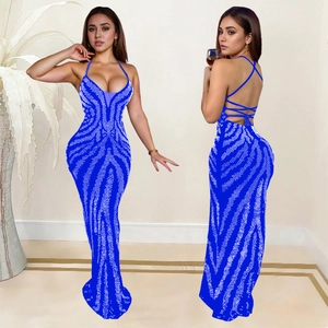 Navy blue backless mermaid dress with rhinestones and crisscross strap design