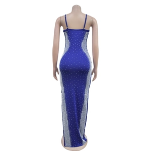 Detailed back view of a slim-fit navy blue maxi dress with sparkling rhinestone patterns