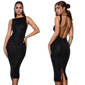 Detailed views of a black sequin backless midi dress with elegant back slit detail