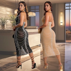 Elegant backless bodycon maxi dress with rhinestones in black and champagne