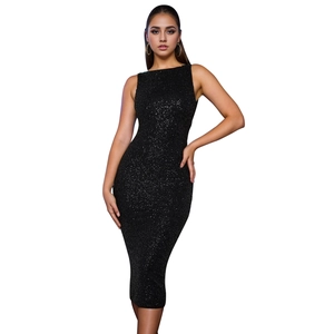 Close-up detail of the shimmering black sequins on this elegant bodycon midi dress