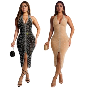 Sexy halter deep V-neck bodycon midi dress with sparkling rhinestones and high slit design