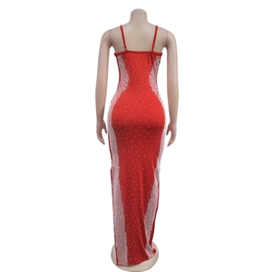 Close-up of red bodycon maxi dress back detail featuring intricate rhinestone patterns