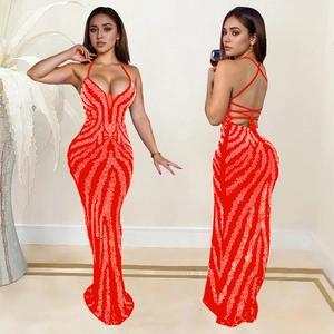 Detailed front and back view of red sequin backless halter dress with fishtail hem