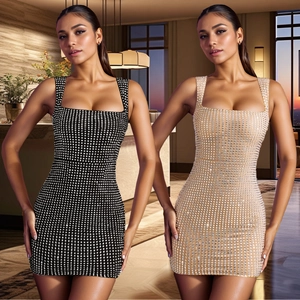 Women Sexy Rhinestone Bodycon Mini Dress Sleeveless Square Neck Sparkling Party Club Evening Slim Fit Dress