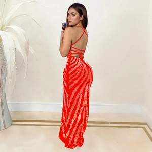 Detail of red backless dress featuring rhinestone zebra pattern and cross-tie straps