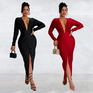 Elegant Deep V Neck Ruched Bodycon Maxi Dress Long Sleeve High Slit Sexy Floor Length Evening Party Dress For Women