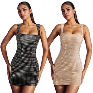 Sexy slim-fit mini dress with rhinestones in black and apricot for evening parties