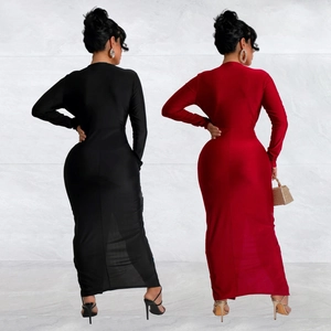 Slim fit V-neck long sleeve bodycon maxi dresses in black and burgundy colors