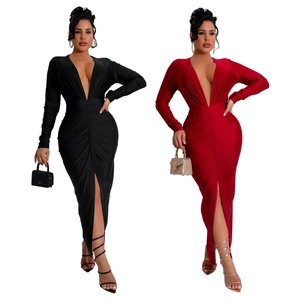 Women's slim fit deep V-neck ruched maxi dress with front slit in black and red