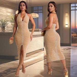 Elegant backless nude dress with silver rhinestones and sexy front split detail