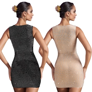 Close-up of sparkling rhinestone grid patterns on bodycon mini party dresses
