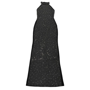 Close-up detail of silver rhinestone grid pattern on black backless bodycon maxi dress