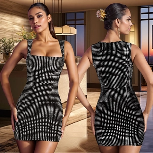 Sparkling rhinestone bodycon party dress for women featuring a chic square neckline