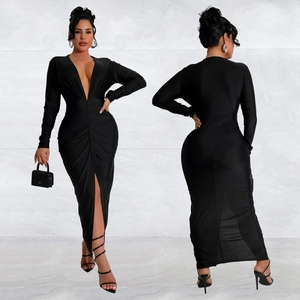 Elegant slim fit long sleeve black dress with deep V-neck and front slit detail