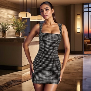Close-up of black and white pixel pattern on a slim-fit square neck cocktail dress