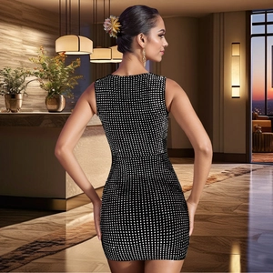 Close-up back view of a black sequined bodycon mini dress with sparkling grid patterns
