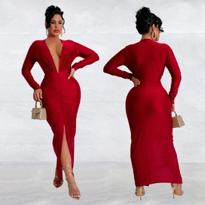Elegant red V-neck long sleeve maxi dress with ruched detail and high side slit