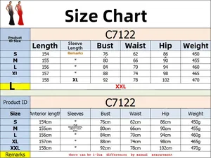 Detailed size guide table for backless rhinestone mermaid evening dress S to XXL
