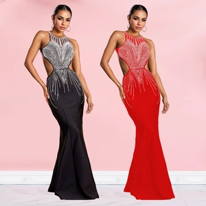 Women Elegant Rhinestone Halter Neck Backless Mermaid Maxi Dress Sexy Hollow Out Evening Party Formal Wedding Floor Length Dress
