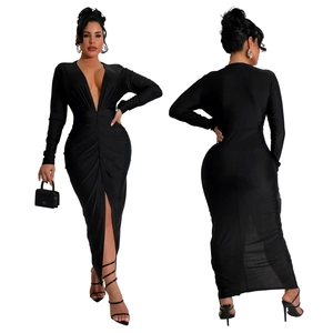 Front and back detail of slim fit V-neck dress with side slit and waist pleats