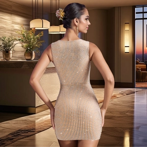 Close-up of sparkling rhinestones and slim fit silhouette of a cocktail party dress