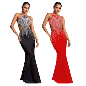 Elegant slim fit mermaid evening dress with rhinestones and cut-outs in red and black