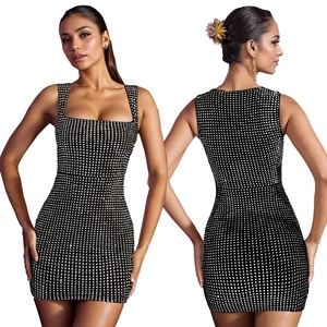 Detail view showing front and back of black bodycon mini dress with rhinestone pattern