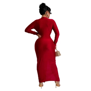Detailed back view of a slim-fit red V-neck maxi dress in glossy stretch knit fabric