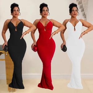Women Sexy Halter V Neck Backless Maxi Dress Elegant Ruched Fishtail Bodycon Evening Party Banquet Long Gown For Wedding
