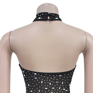 Detail view of the black halter dress back with rhinestones and silver sequins decoration