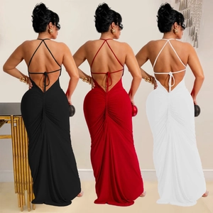 Women's sexy backless halter neck ruched maxi dress available in black, red, and white