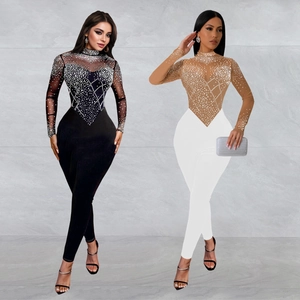 Elegant Women Mesh Rhinestone Jumpsuit Long Sleeve High Waist Slim Fit Sexy Sheer Party Evening One Piece Long Pants Clubwear