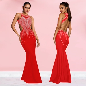 Elegant red mermaid evening gown with backless cutout and sparkling silver rhinestone patterns