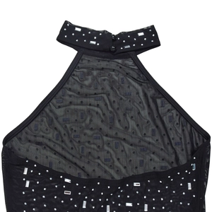Detail of black mesh halter neck collar with sparkling rhinestones and button closure