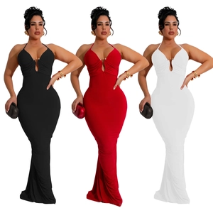 Sultry V-neck halter maxi dress with cutout front and slimming fit in black, red, and white