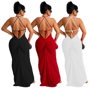 Detail view of backless slip dresses in black red and white with ruched hip design
