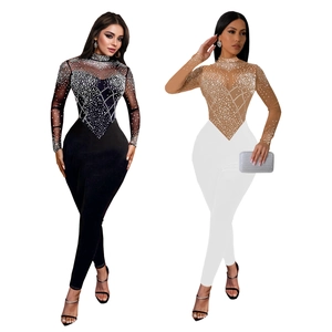 Women's slim fit mesh jumpsuits with rhinestones in black and white options