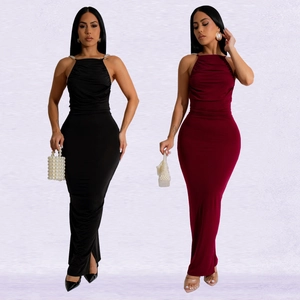 Women's Sexy Backless Bodycon Maxi Dress Artificial Pearl Straps Ruched Halter Sleeveless Evening Banquet Party Club Long Dress