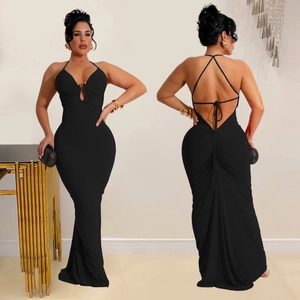 Elegant black backless halter maxi dress with deep V-neck and ruched mermaid silhouette