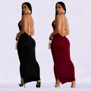 Slim fit backless maxi dress with elegant pearl straps in black and burgundy colors
